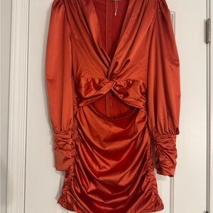 Elegant Satin Long Sleeve Dress in Bold Orange